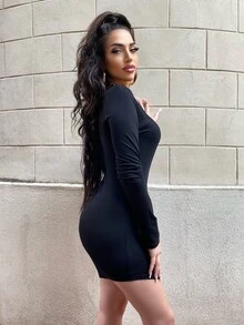 AAmilife Đầm Bất đối xứng màu trơn Giải trí - màu đen - Xem 3