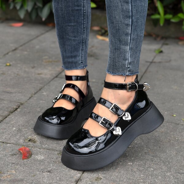 

Buckle Decor Platform Ankle Strap Shoes, Black