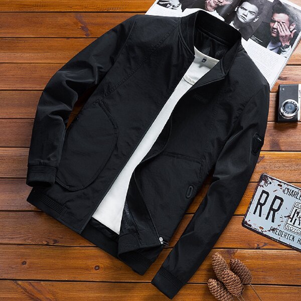 

Men Solid Zip Up Bomber Jacket Without Tee, Black