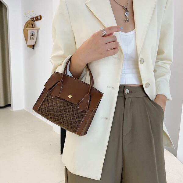 

Letter Graphic Double Handle Satchel Bag, Brown