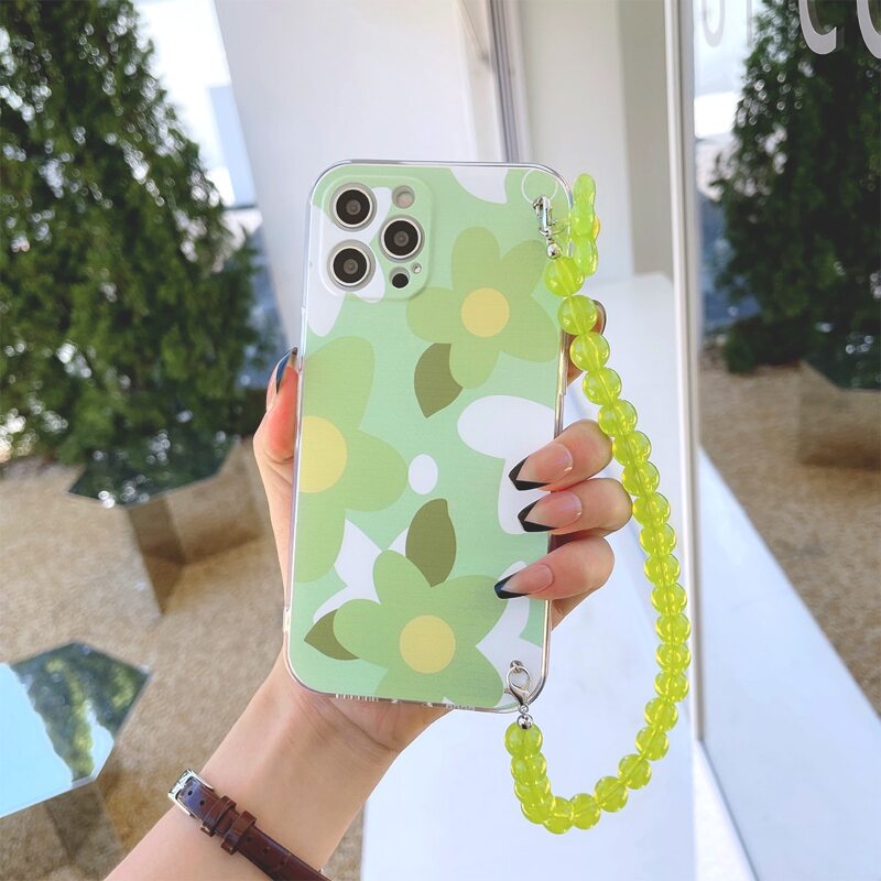 

Flower Pattern Phone Case With Beaded Hand Strap, Multicolor