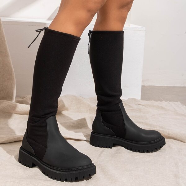 

Minimalist Lace Up Decor Slip-On Boots, Black