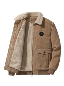 Manfinity Homme Lỏng lẻo phù hợp Nam Cổ áo Borg Vải to sợi Áo khoác Với Lá thư Và Teddy lót - Màu Khaki - Xem 1