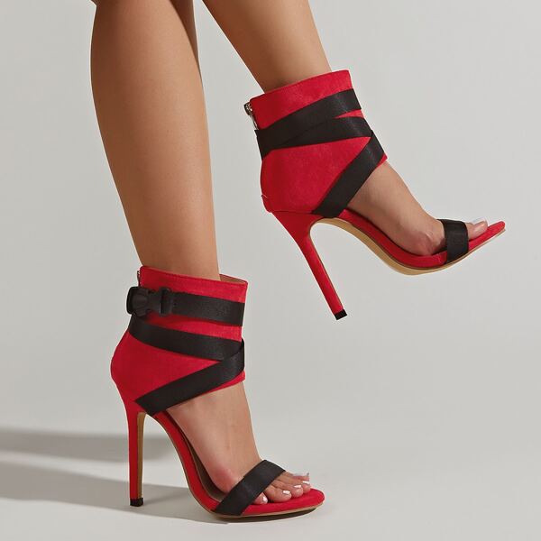

Buckle Decor Ankle Strap Stiletto Heeled Sandals, Red