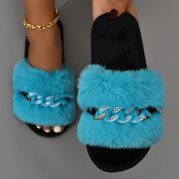 

Rhinestone & Chain Decor Fluffy Bedroom Slippers, Blue