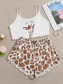 Giraffe & Slogan Graphic White Cami Top & Shorts Pajamas Set