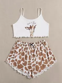 Giraffe & Slogan Graphic White Cami Top & Shorts Pajamas Set