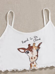 Giraffe & Slogan Graphic White Cami Top & Shorts Pajamas Set