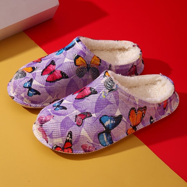 

Allover Butterfly Graphic Plush Inside Slippers, Purple