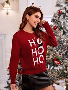Christmas & Letter Pattern Sweater - Red - View 4