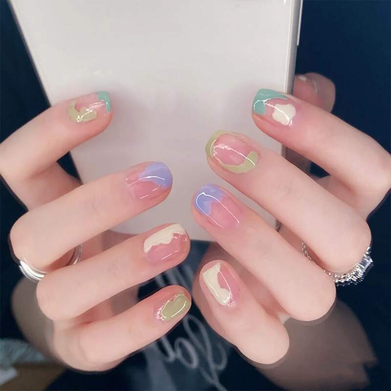 

24pcs Colorblock Fake Nail, Multicolor