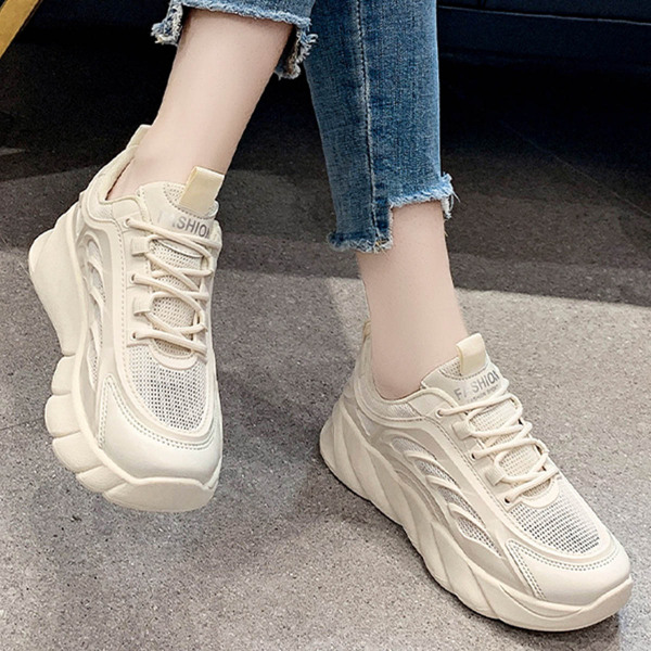 

Letter Graphic Mesh Panel Lace-up Front Chunky Trainers, Beige