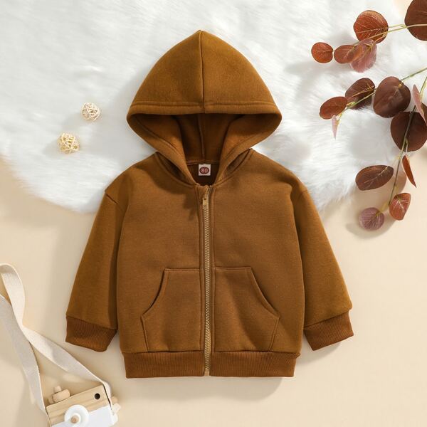 

Baby Solid Zip Up Hooded Jacket, Brown