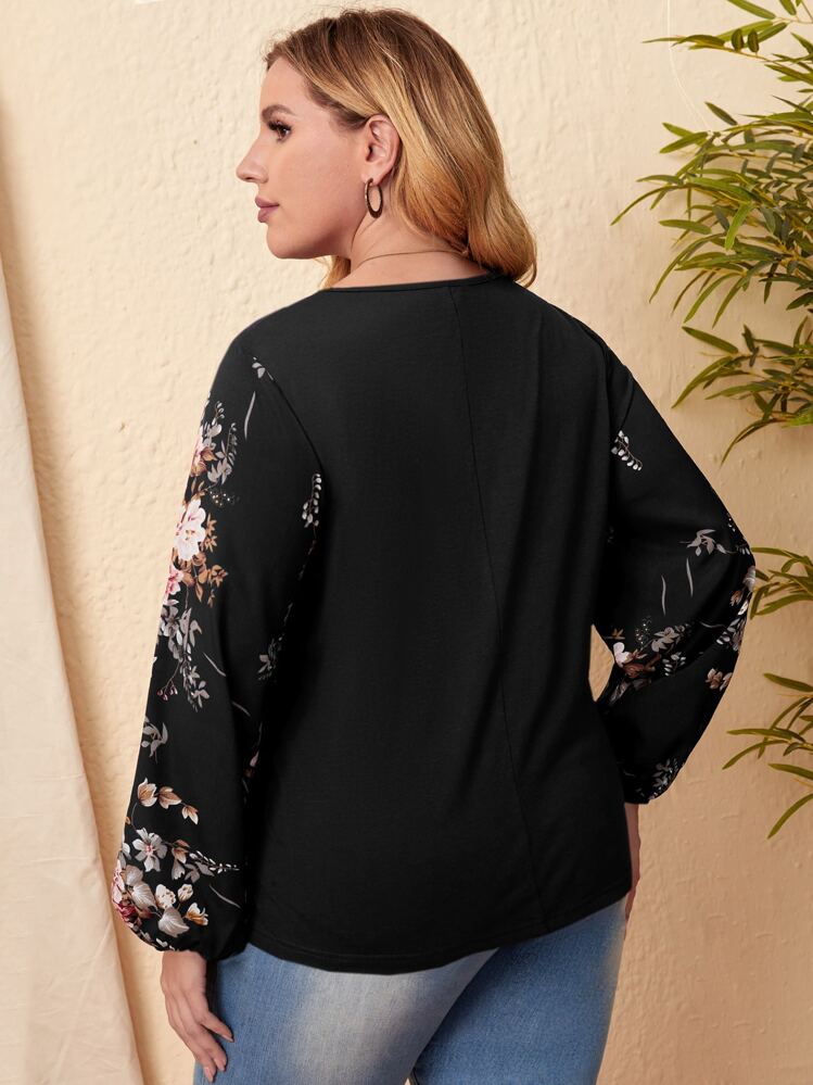 EMERY ROSE Plus Floral Print Lantern Sleeve Top - Black - View 2