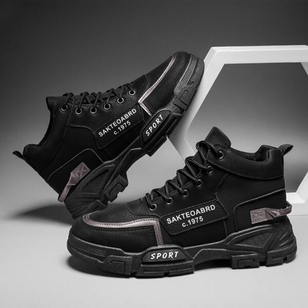 

Men Letter Graphic Lace-up Front Boots, Black