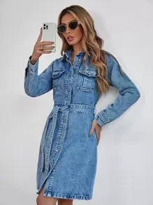 翻蓋口袋單釦開襟腰帶牛仔裙