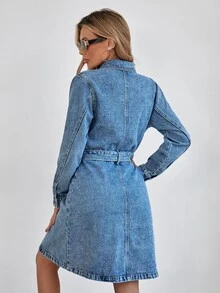 翻蓋口袋單釦開襟腰帶牛仔裙