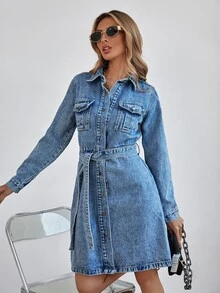 翻蓋口袋單釦開襟腰帶牛仔裙