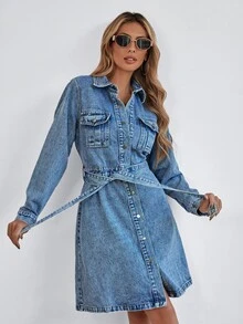 翻蓋口袋單釦開襟腰帶牛仔裙