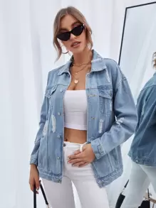 SHEIN Essnce 破洞水洗翻蓋口袋牛仔夾克