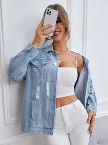 SHEIN Essnce 破洞水洗翻蓋口袋牛仔夾克