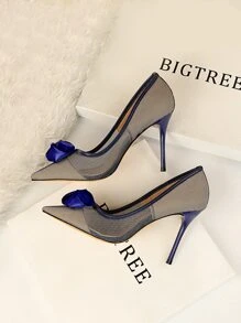 秋冬季花卉装饰网纱细高跟鞋，优雅，派对 - 寶藍色 - 查看 1