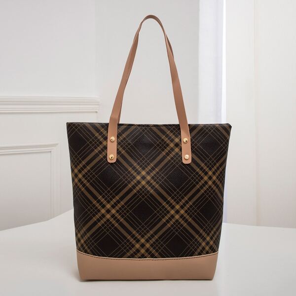 

Studded Decor Plaid Pattern Shoulder Tote Bag, Multicolor