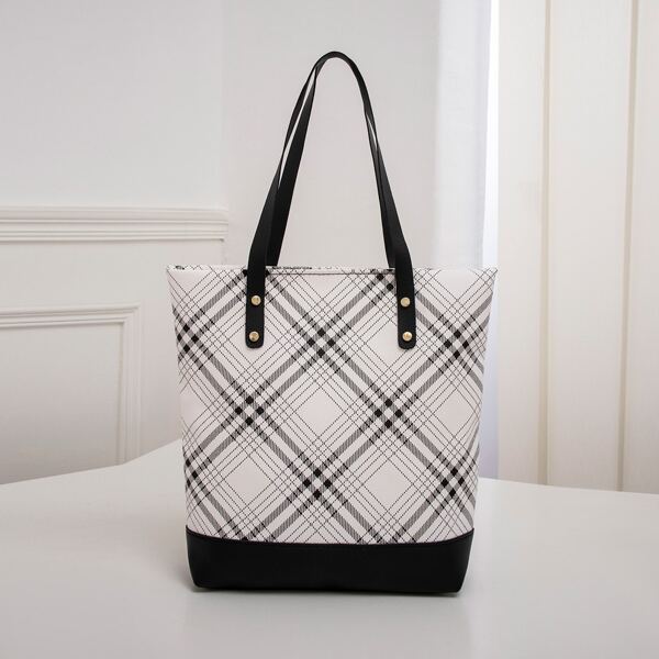 

Studded Decor Plaid Pattern Shoulder Tote Bag, Black and white