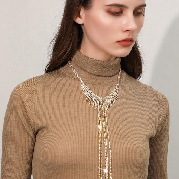 

Rhinestone Tassel Decor Necklace, Gold