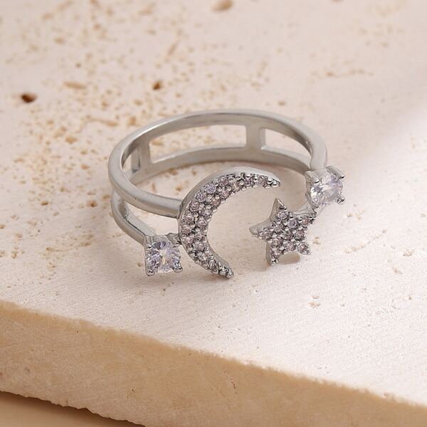 

Zircon Moon & Star Decor Cuff Ring, Silver