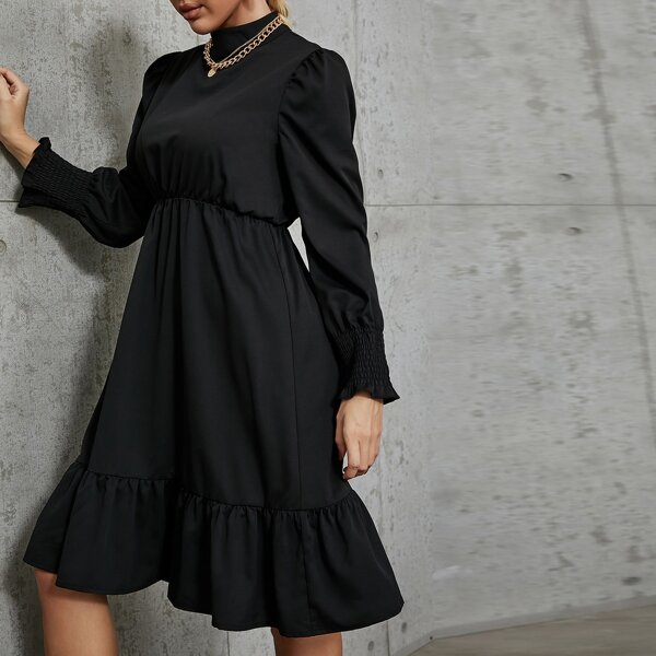 

Stand Neck Ruffle Hem Dress, Black