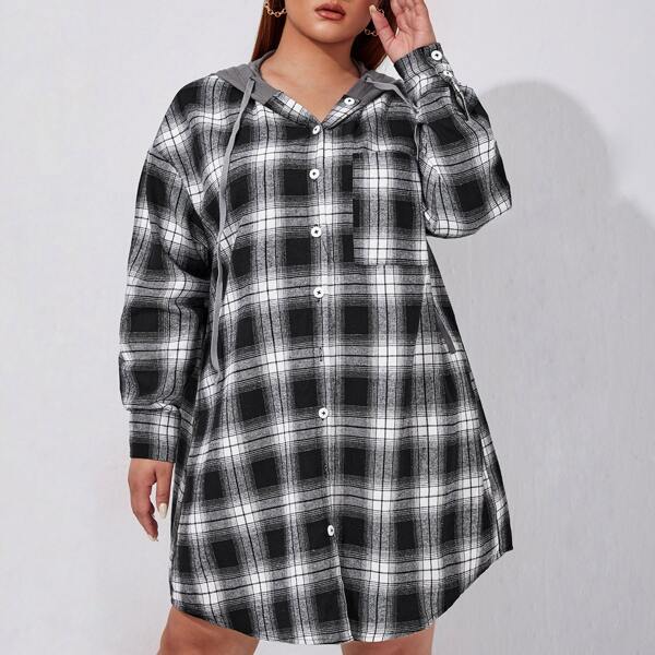 

Plus Plaid Print Drop Shoulder Drawstring Hooded Dress, Black and white