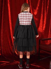 SHEIN Girls Plaid Pattern Layer Hem Mesh Dress - Multicolor - View 2