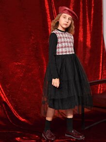 SHEIN Girls Plaid Pattern Layer Hem Mesh Dress - Multicolor - View 3