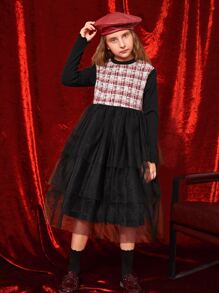 SHEIN Girls Plaid Pattern Layer Hem Mesh Dress - Multicolor - View 4