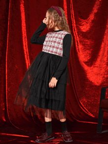 SHEIN Girls Plaid Pattern Layer Hem Mesh Dress - Multicolor - View 5