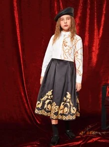 SHEIN Girls Chain Print Stand Neck Blouse - White - View 1