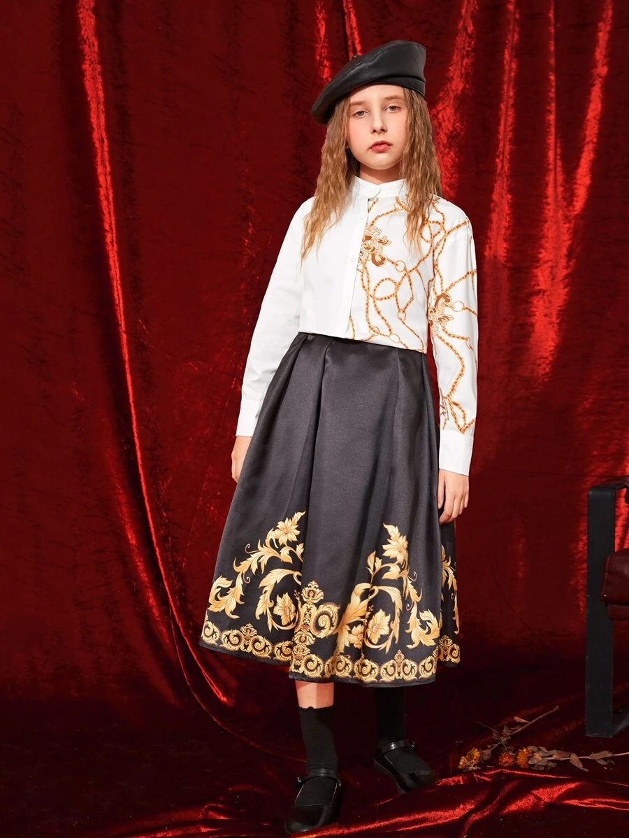 SHEIN Girls Chain Print Stand Neck Blouse - White - View 1