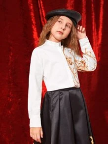 SHEIN Girls Chain Print Stand Neck Blouse - White - View 3