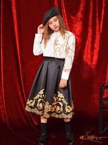 SHEIN Girls Chain Print Stand Neck Blouse - White - View 4