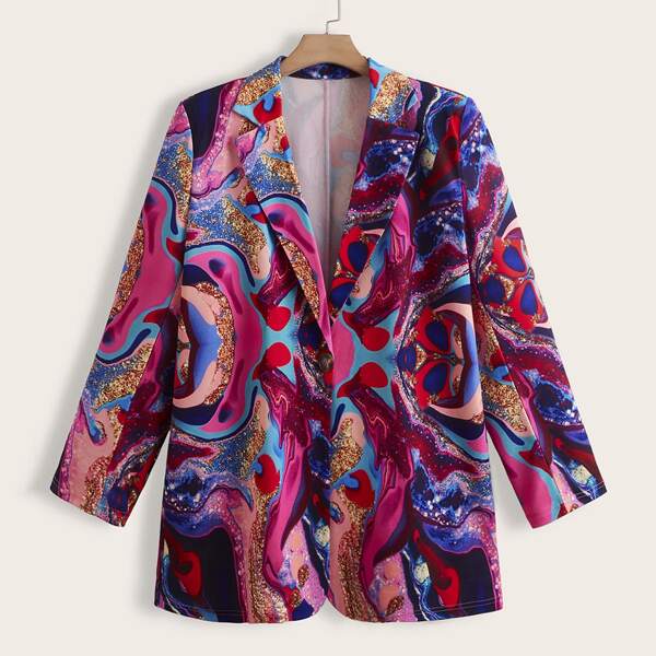 

Plus Marble Print Lapel Neck Blazer, Multicolor