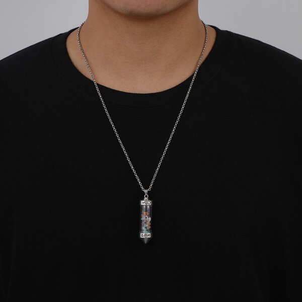 

Men Letter Detail Geometric Charm Necklace, Silver