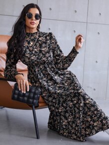 SHEIN Clasi Floral Print Shirred Cuff Dress Maxi Women Outfit - Multicolor - View 3