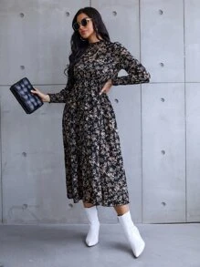 SHEIN Clasi Floral Print Shirred Cuff Dress Maxi Women Outfit - Multicolor - View 4