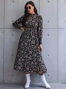 SHEIN Clasi Floral Print Shirred Cuff Dress Maxi Women Outfit - Multicolor - View 6