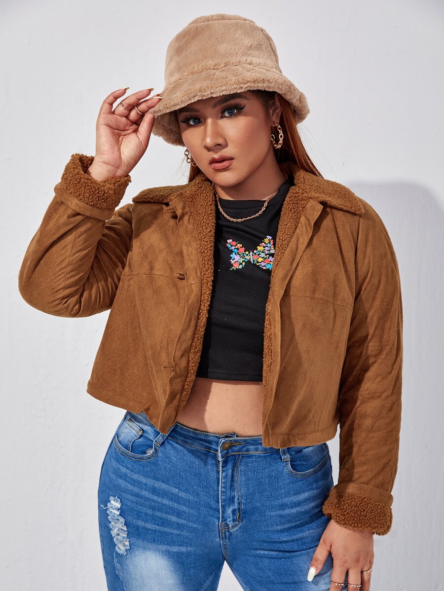 SHEIN EZwear Plus Borg Collar Teddy Lined Jacket - Brown - View 1