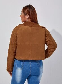 SHEIN EZwear Plus Borg Collar Teddy Lined Jacket - Brown - View 2