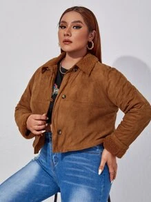 SHEIN EZwear Plus Borg Collar Teddy Lined Jacket - Brown - View 3
