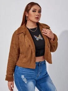 SHEIN EZwear Plus Borg Collar Teddy Lined Jacket - Brown - View 5