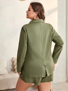Blazer de cuello con solapa con botones de espalda con abertura & Shorts - Verde militar - Ver 2